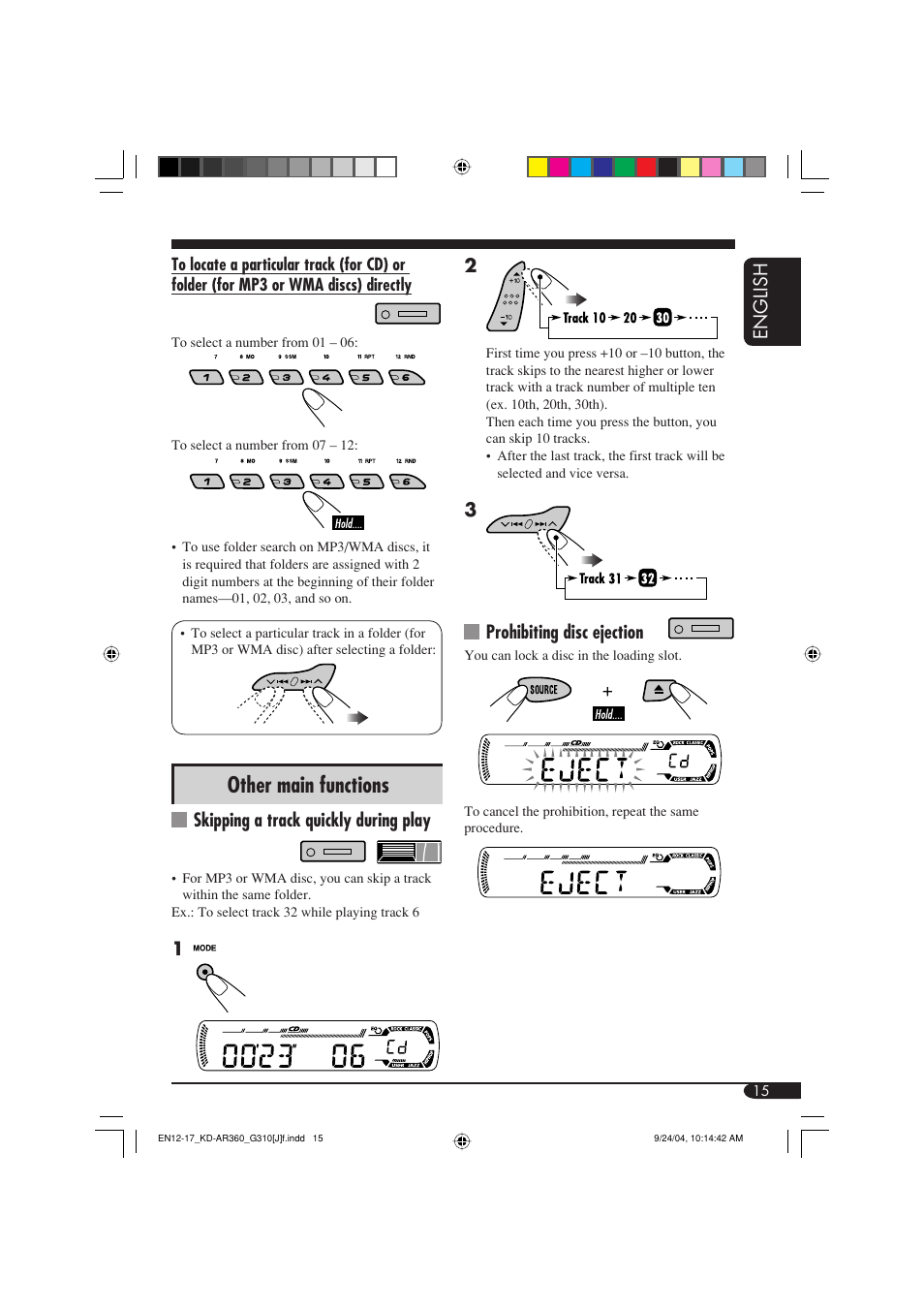 Other main functions, English, Skipping a track quickly during play | Prohibiting disc ejection | JVC GET0248-001B User Manual | Page 15 / 98