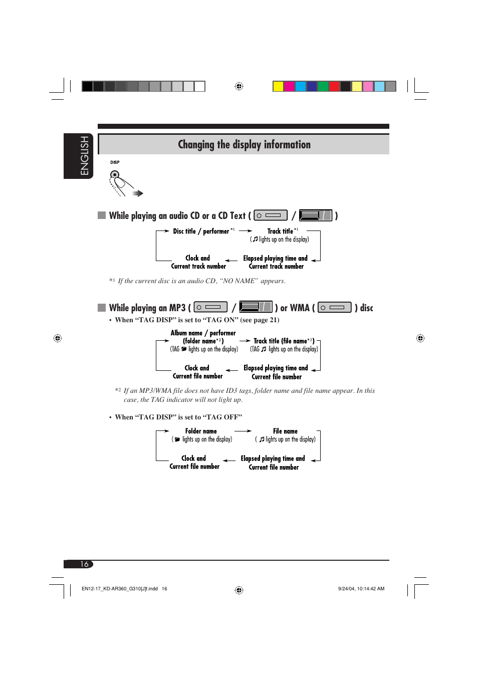 Changing the display information, English, While playing an audio cd or a cd text ( / ) | While playing an mp3 ( / ) or wma ( ) disc | JVC GET0248-001B User Manual | Page 16 / 98