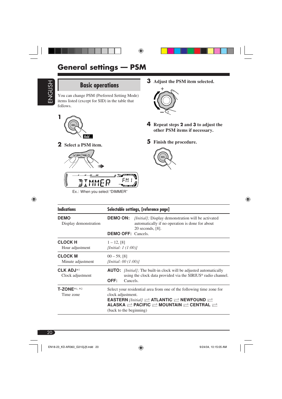 General settings — psm, Basic operations, English | JVC GET0248-001B User Manual | Page 20 / 98