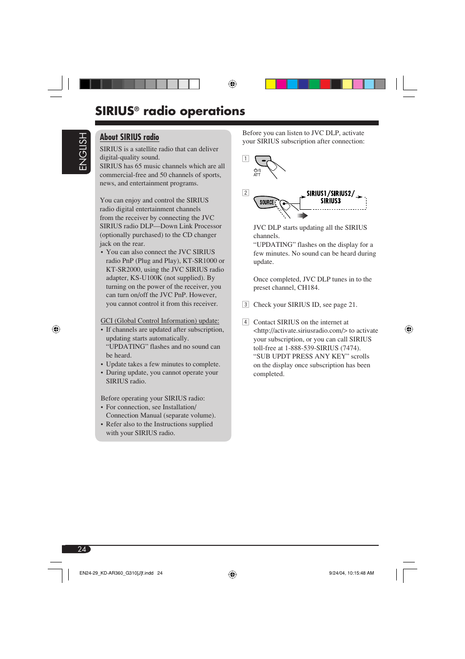 Sirius, Radio operations, English | JVC GET0248-001B User Manual | Page 24 / 98