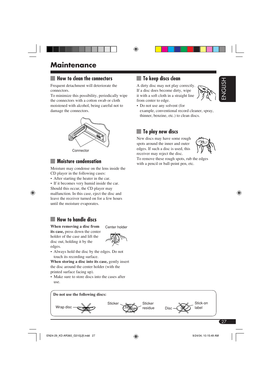 Maintenance, English, How to clean the connectors | Moisture condensation, How to handle discs | JVC GET0248-001B User Manual | Page 27 / 98