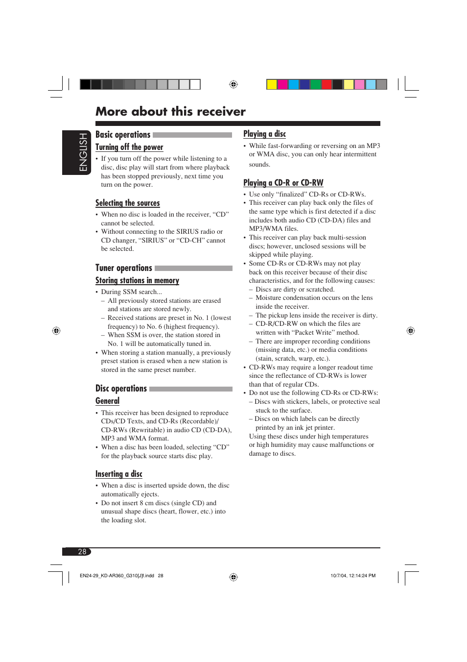 More about this receiver, English, Basic operations | Tuner operations, Disc operations | JVC GET0248-001B User Manual | Page 28 / 98