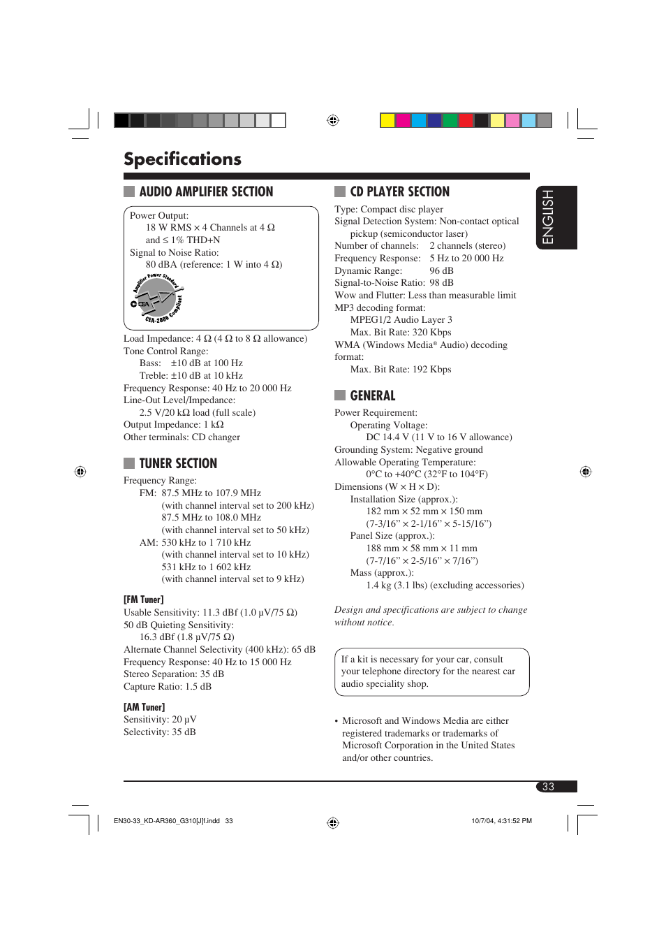 Specifications, English, General | JVC GET0248-001B User Manual | Page 33 / 98