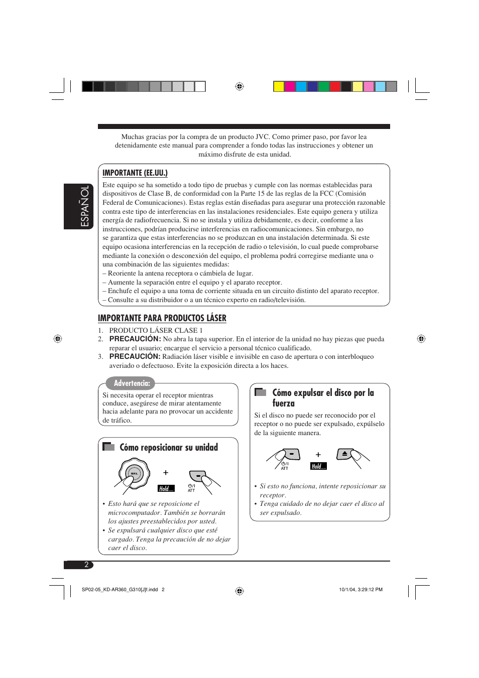 Esp añol, Cómo expulsar el disco por la fuerza, Cómo reposicionar su unidad | JVC GET0248-001B User Manual | Page 34 / 98