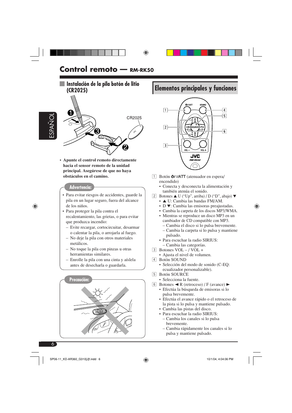 Control remoto, Elementos principales y funciones, Esp añol | Instalación de la pila botón de litio (cr2025) | JVC GET0248-001B User Manual | Page 38 / 98