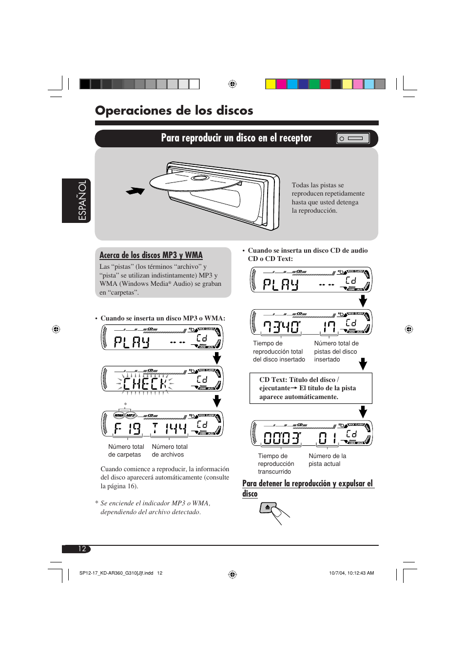 Operaciones de los discos, Para reproducir un disco en el receptor, Esp añol | JVC GET0248-001B User Manual | Page 44 / 98