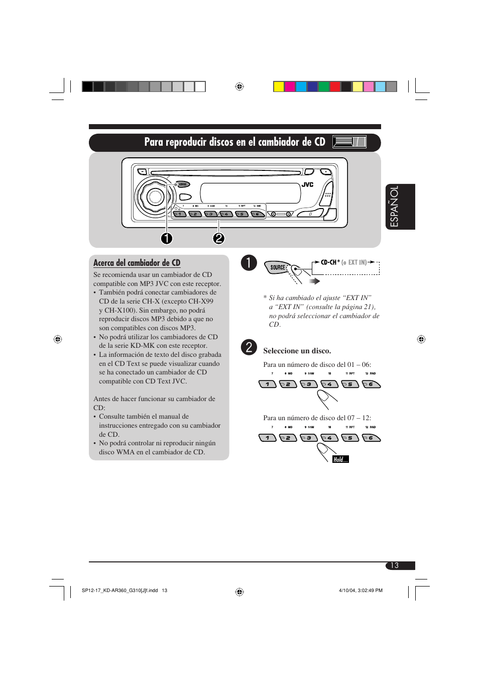 Para reproducir discos en el cambiador de cd | JVC GET0248-001B User Manual | Page 45 / 98