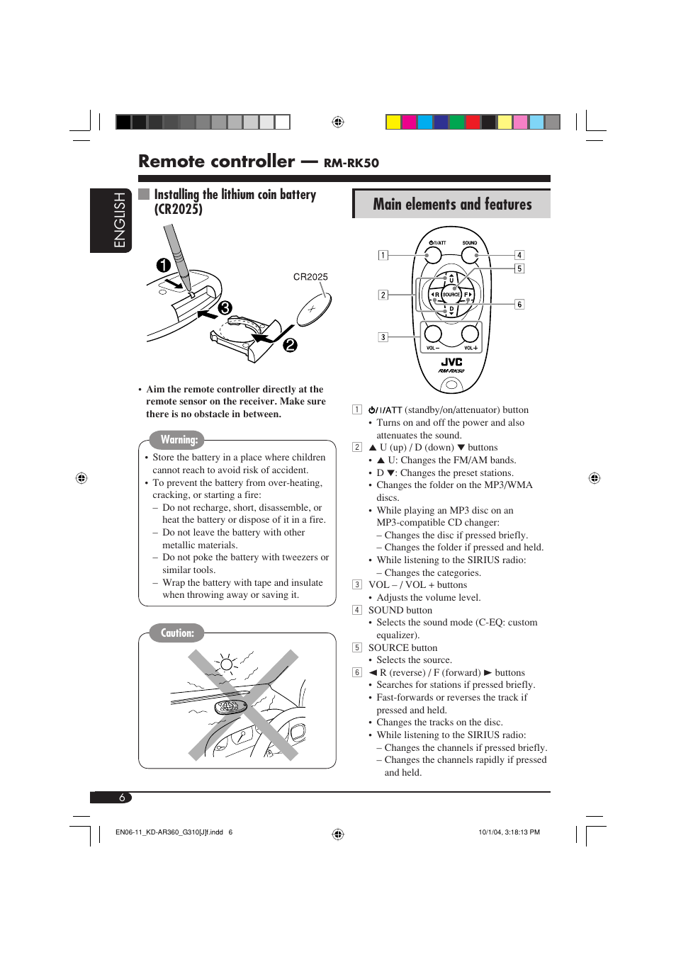 Remote controller, Main elements and features, English | Installing the lithium coin battery (cr2025) | JVC GET0248-001B User Manual | Page 6 / 98