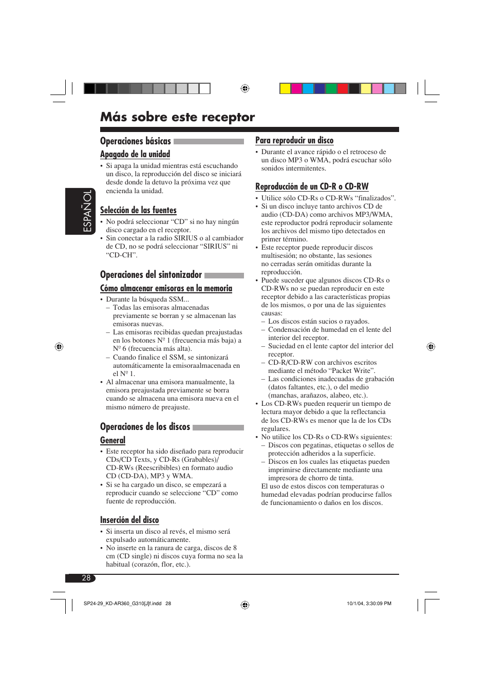 Más sobre este receptor, Esp a ñ ol, Operaciones básicas | Operaciones del sintonizador, Operaciones de los discos | JVC GET0248-001B User Manual | Page 60 / 98