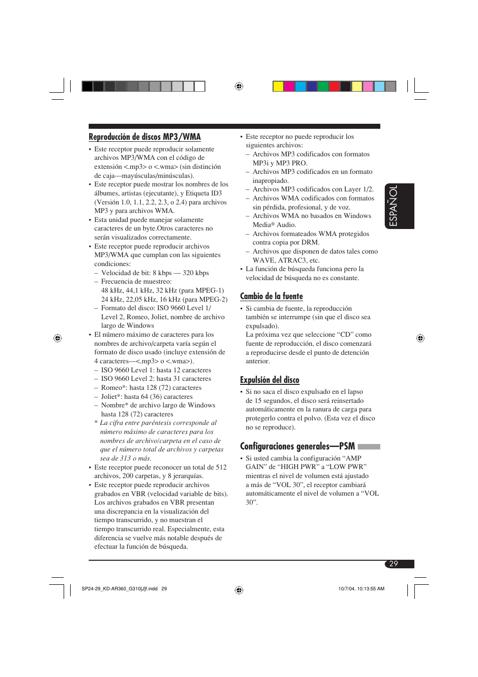 Esp añol, Configuraciones generales—psm | JVC GET0248-001B User Manual | Page 61 / 98