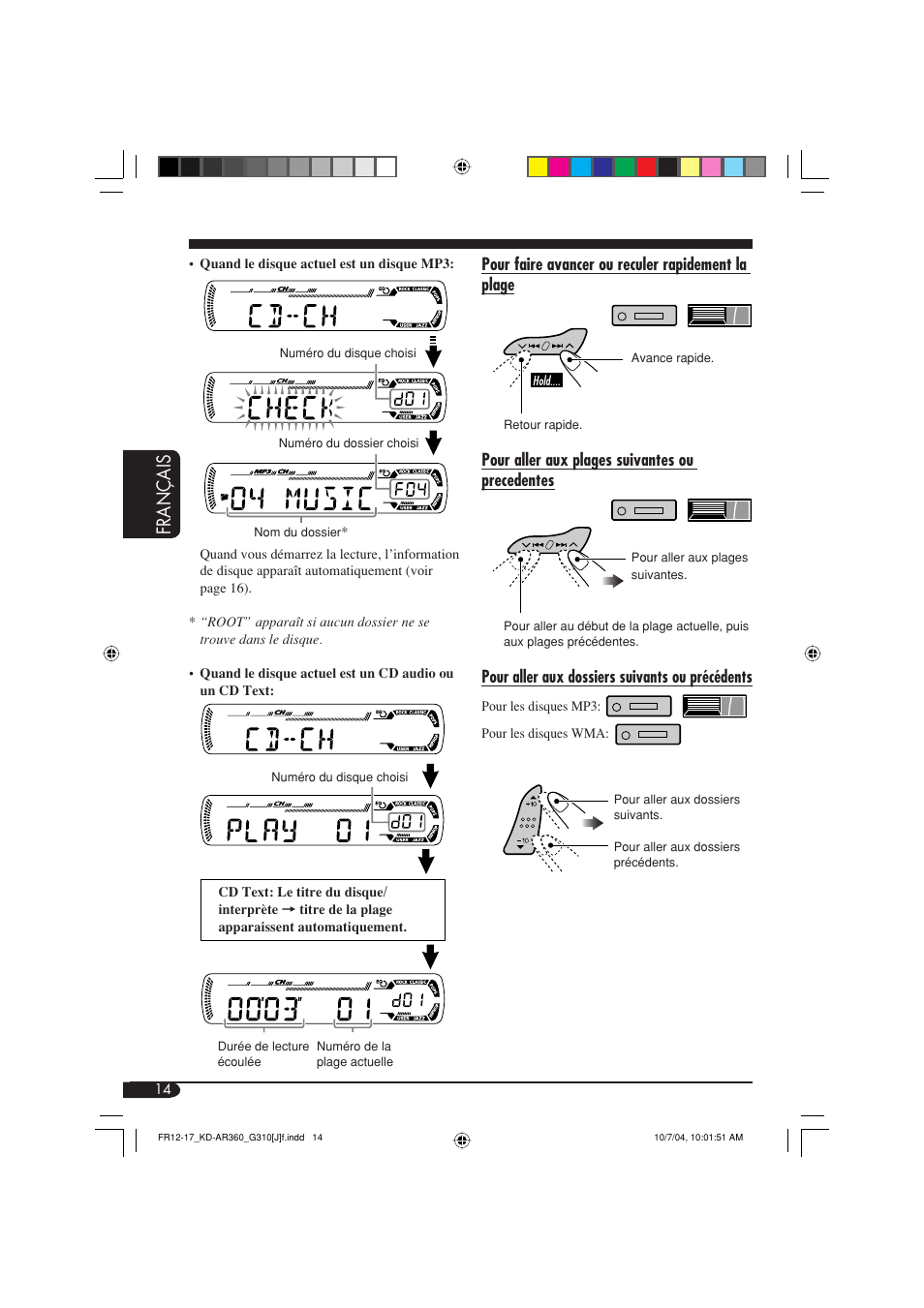 Français, Pour faire avancer ou reculer rapidement la plage, Pour aller aux plages suivantes ou precedentes | Pour aller aux dossiers suivants ou précédents | JVC GET0248-001B User Manual | Page 78 / 98