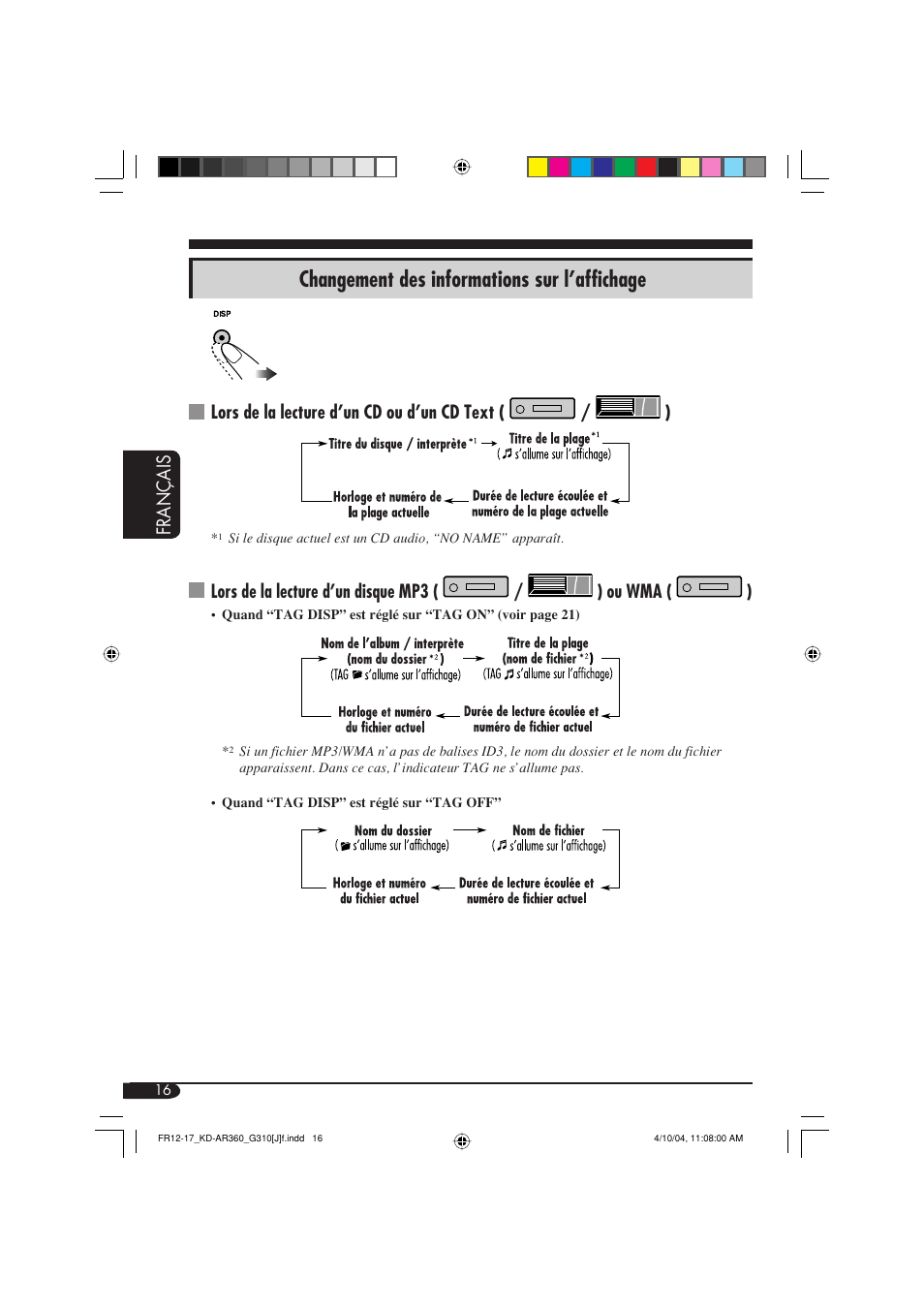 Changement des informations sur l’affichage, Français, Lors de la lecture d’un cd ou d’un cd text ( / ) | JVC GET0248-001B User Manual | Page 80 / 98