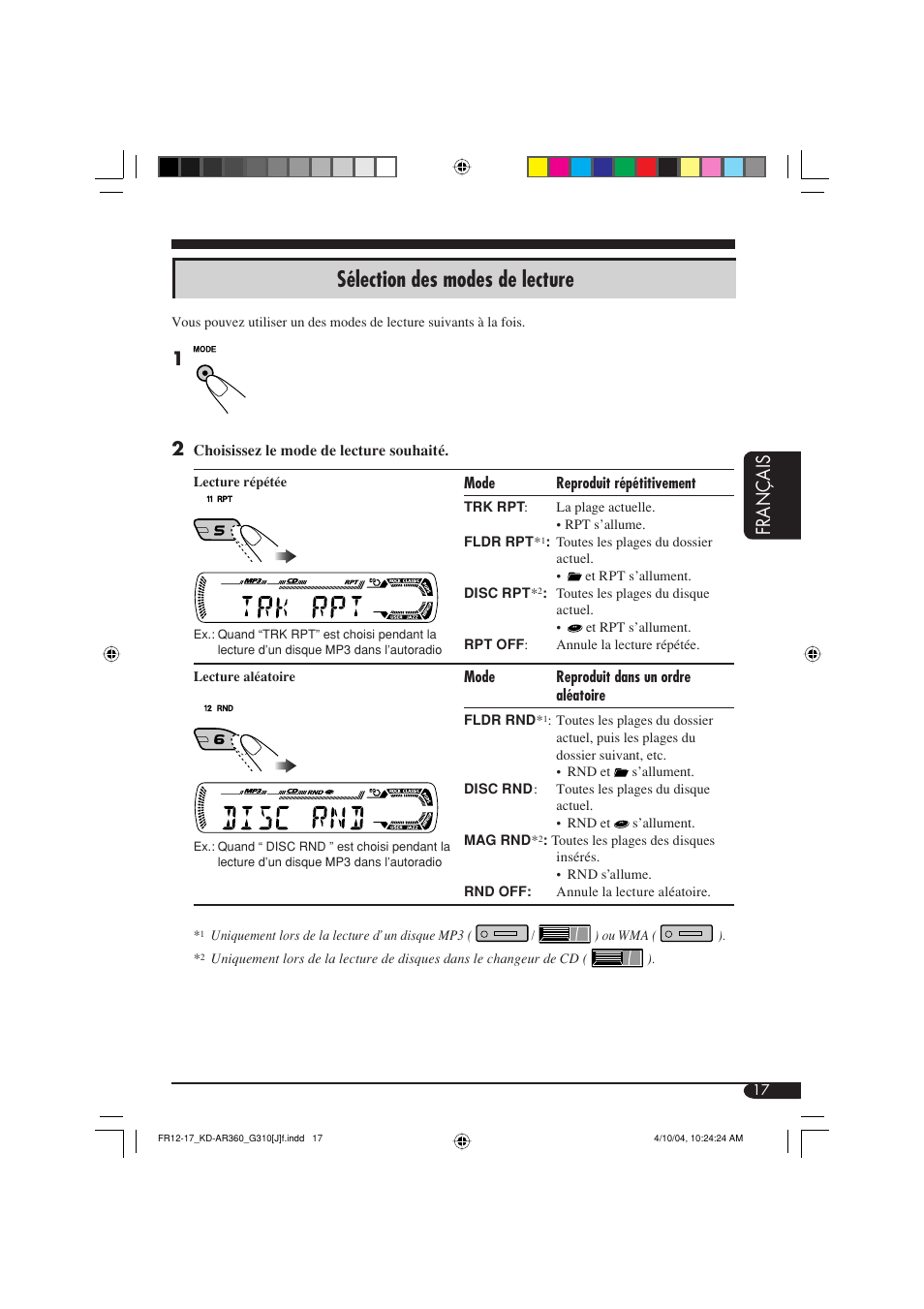 Sélection des modes de lecture, Fran ç ais | JVC GET0248-001B User Manual | Page 81 / 98