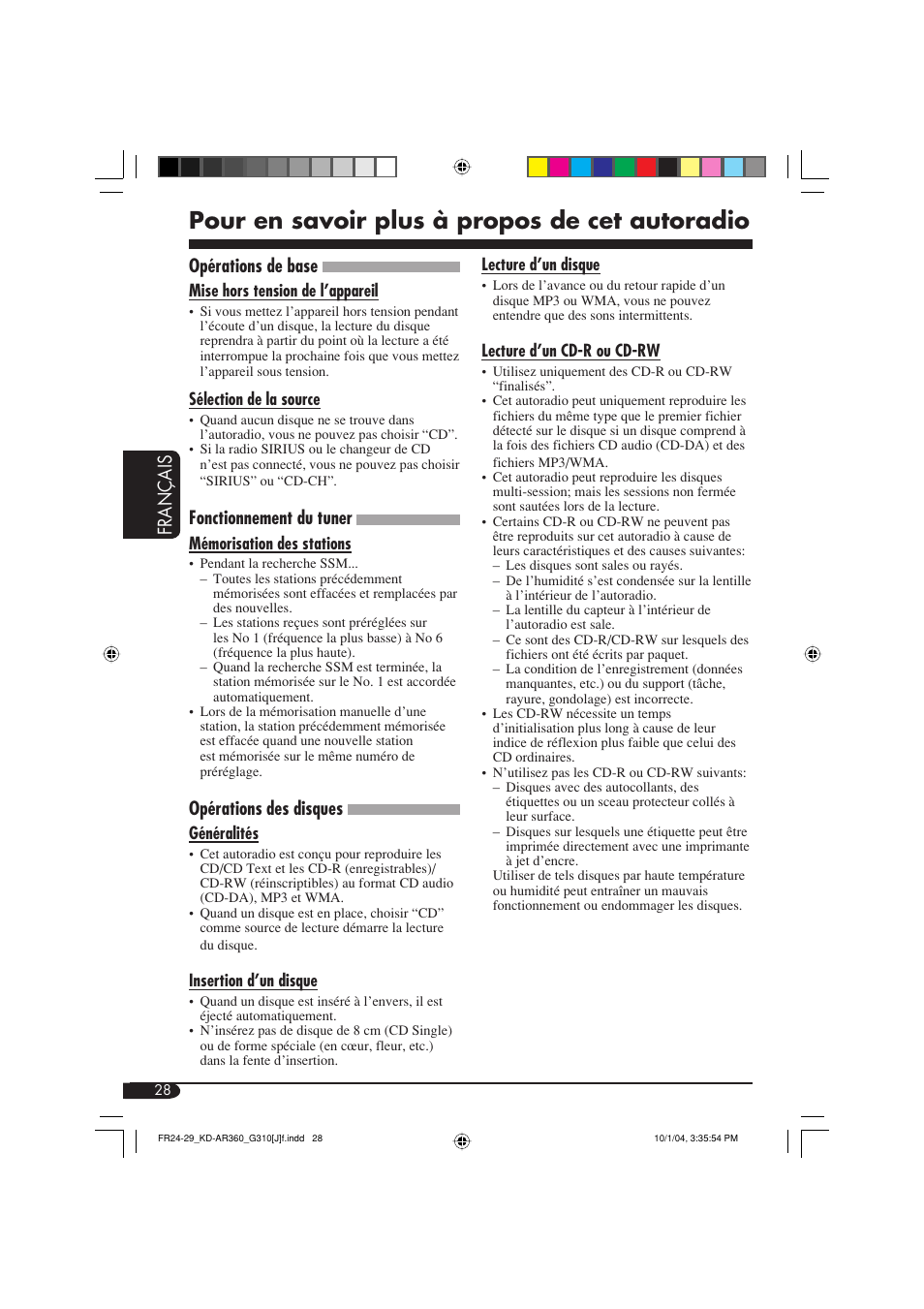 Pour en savoir plus à propos de cet autoradio, Fran ç ais, Opérations de base | Fonctionnement du tuner, Opérations des disques | JVC GET0248-001B User Manual | Page 92 / 98