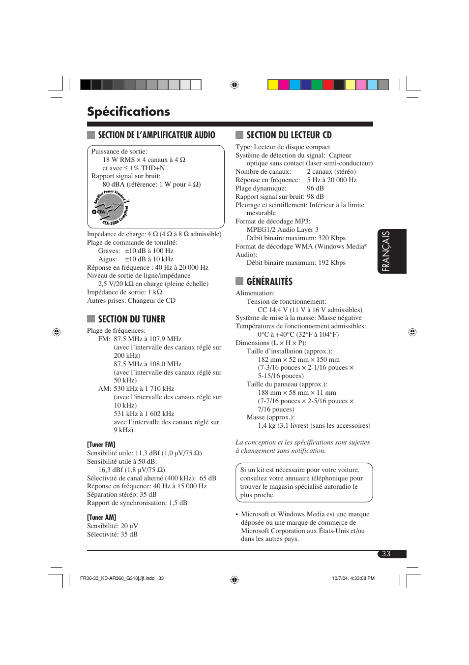 Spécifications, Français, Généralités | JVC GET0248-001B User Manual | Page 97 / 98