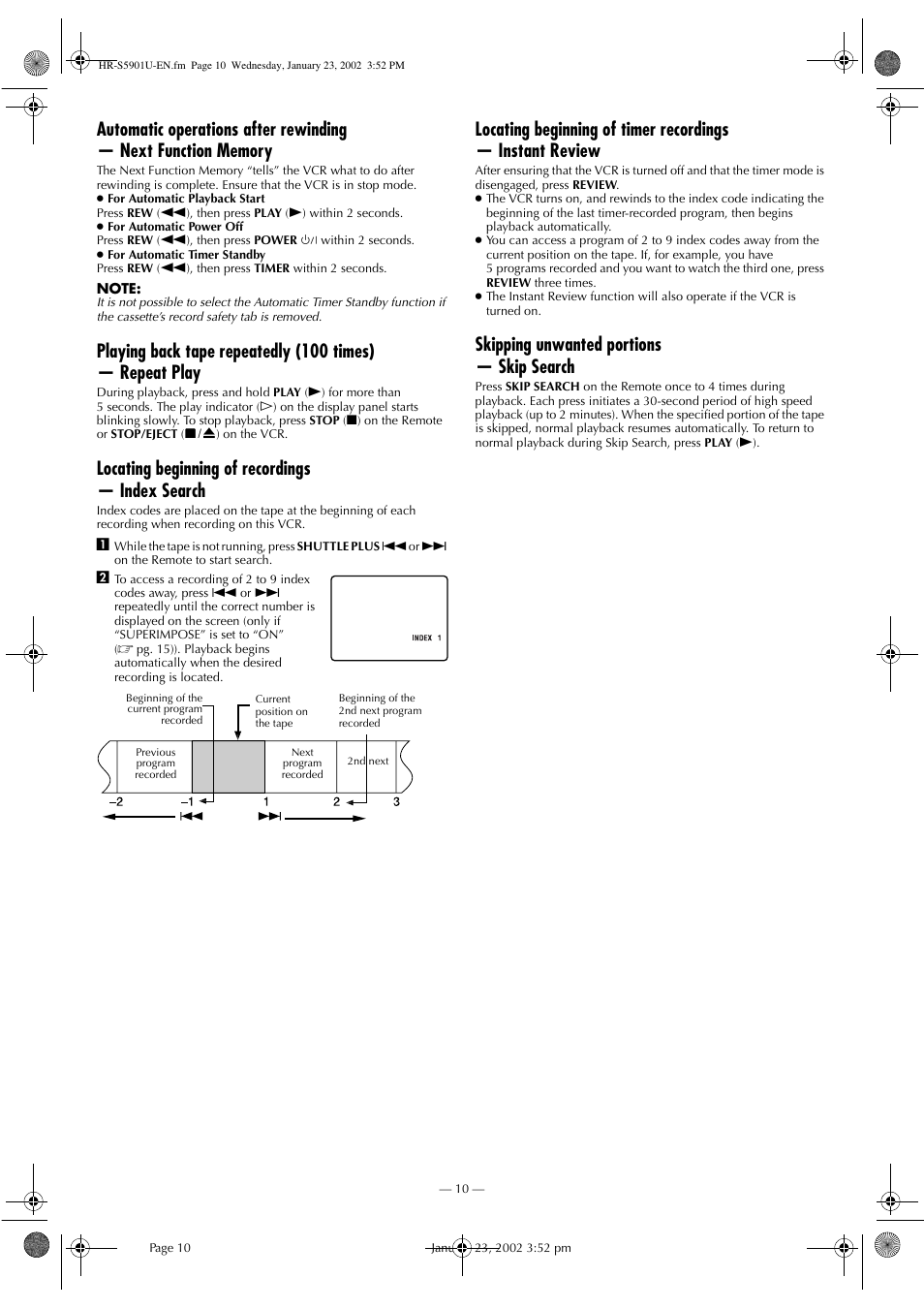 Locating beginning of recordings — index search, Skipping unwanted portions — skip search | JVC HR-5911U User Manual | Page 10 / 24