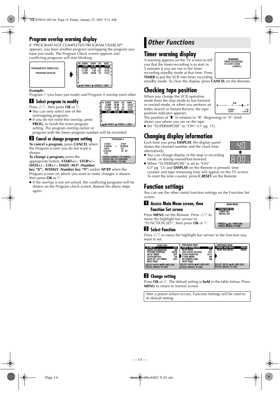 Other functions, Timer warning display, Checking tape position | Changing display information, Function settings, Program overlap warning display, Select program to modify, Cancel or change program setting, Access main menu screen, then function set screen, Select function | JVC HR-5911U User Manual | Page 14 / 24