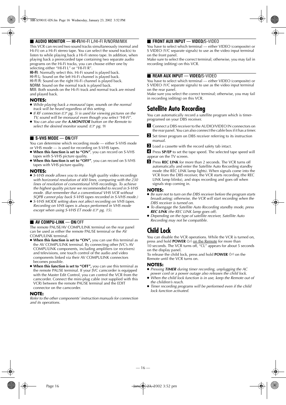 Satellite auto recording, Child lock | JVC HR-5911U User Manual | Page 16 / 24