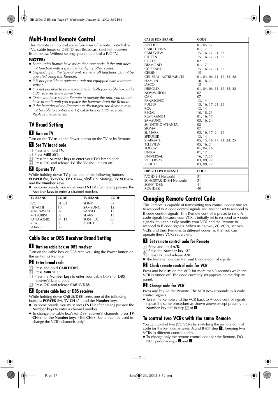 Multi-brand remote control, Changing remote control code, Tv brand setting a | Cable box or dbs receiver brand setting a | JVC HR-5911U User Manual | Page 17 / 24