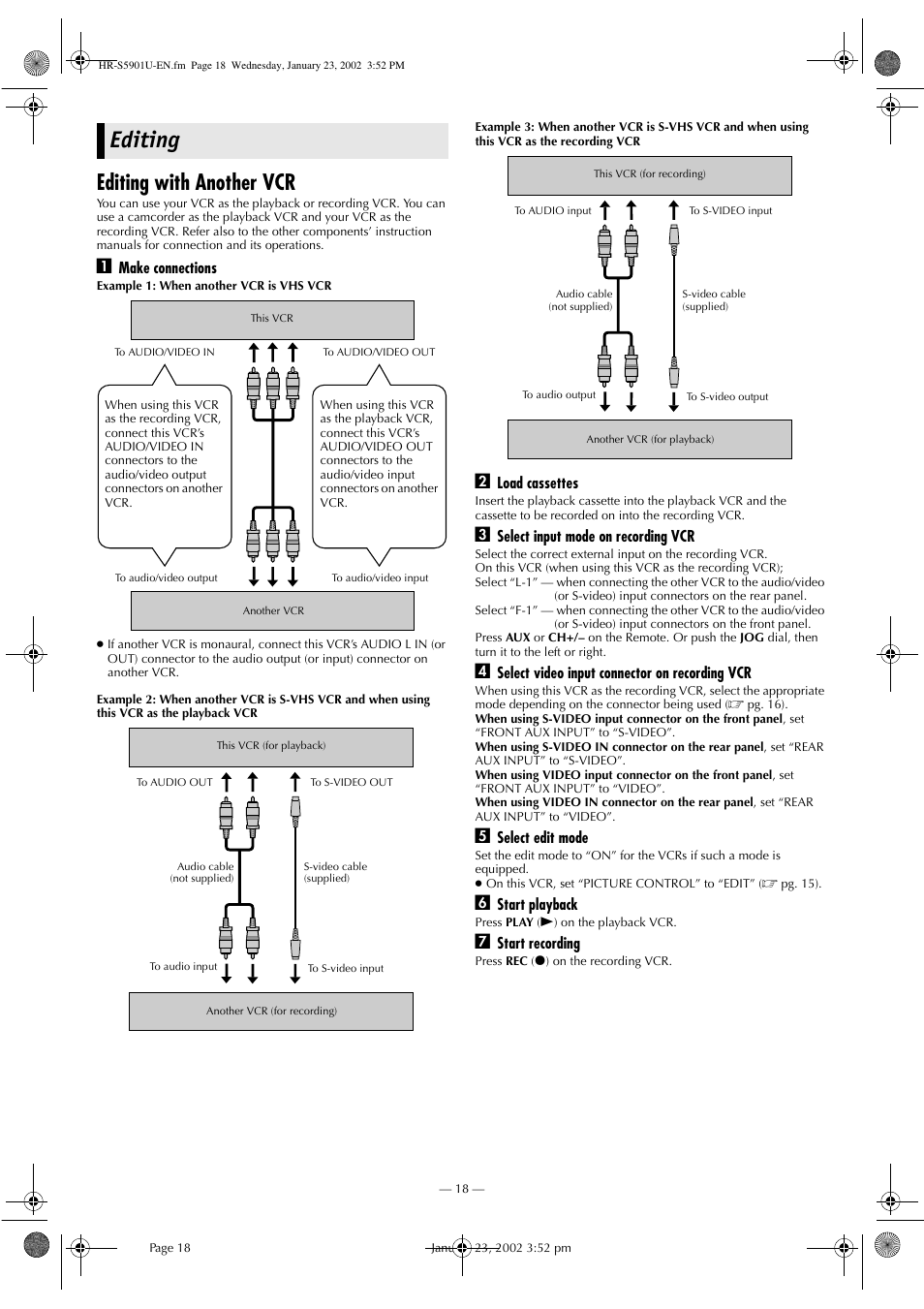 Editing, Editing with another vcr | JVC HR-5911U User Manual | Page 18 / 24