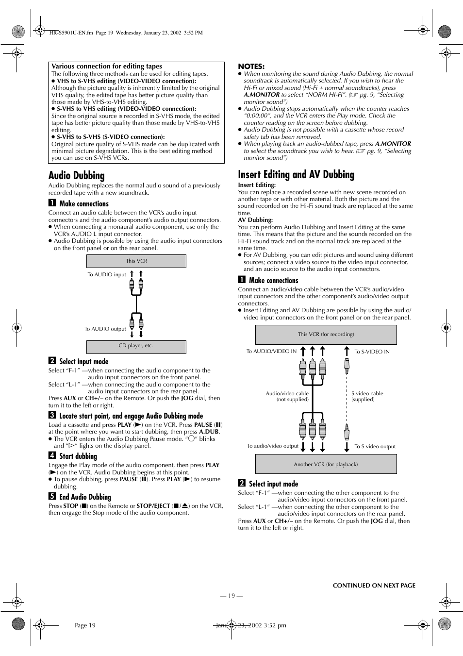 Audio dubbing, Insert editing and av dubbing | JVC HR-5911U User Manual | Page 19 / 24