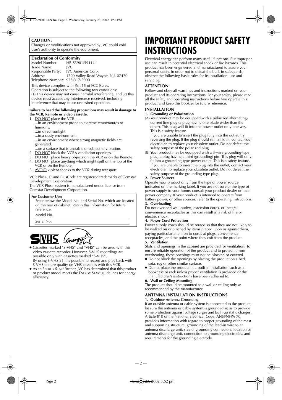 Important product safety instructions | JVC HR-5911U User Manual | Page 2 / 24