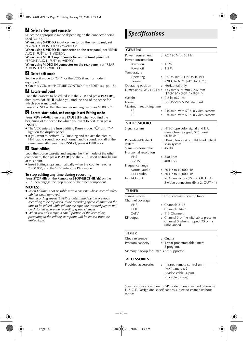 Specifications | JVC HR-5911U User Manual | Page 20 / 24