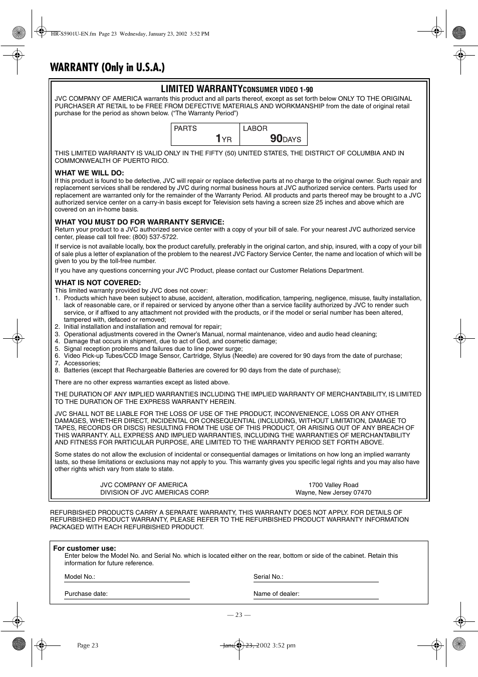 Warranty (only in u.s.a.), Limited warranty | JVC HR-5911U User Manual | Page 23 / 24
