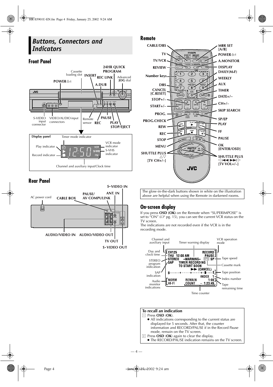 Buttons, connectors and indicators, Front panel rear panel remote on-screen display | JVC HR-5911U User Manual | Page 4 / 24