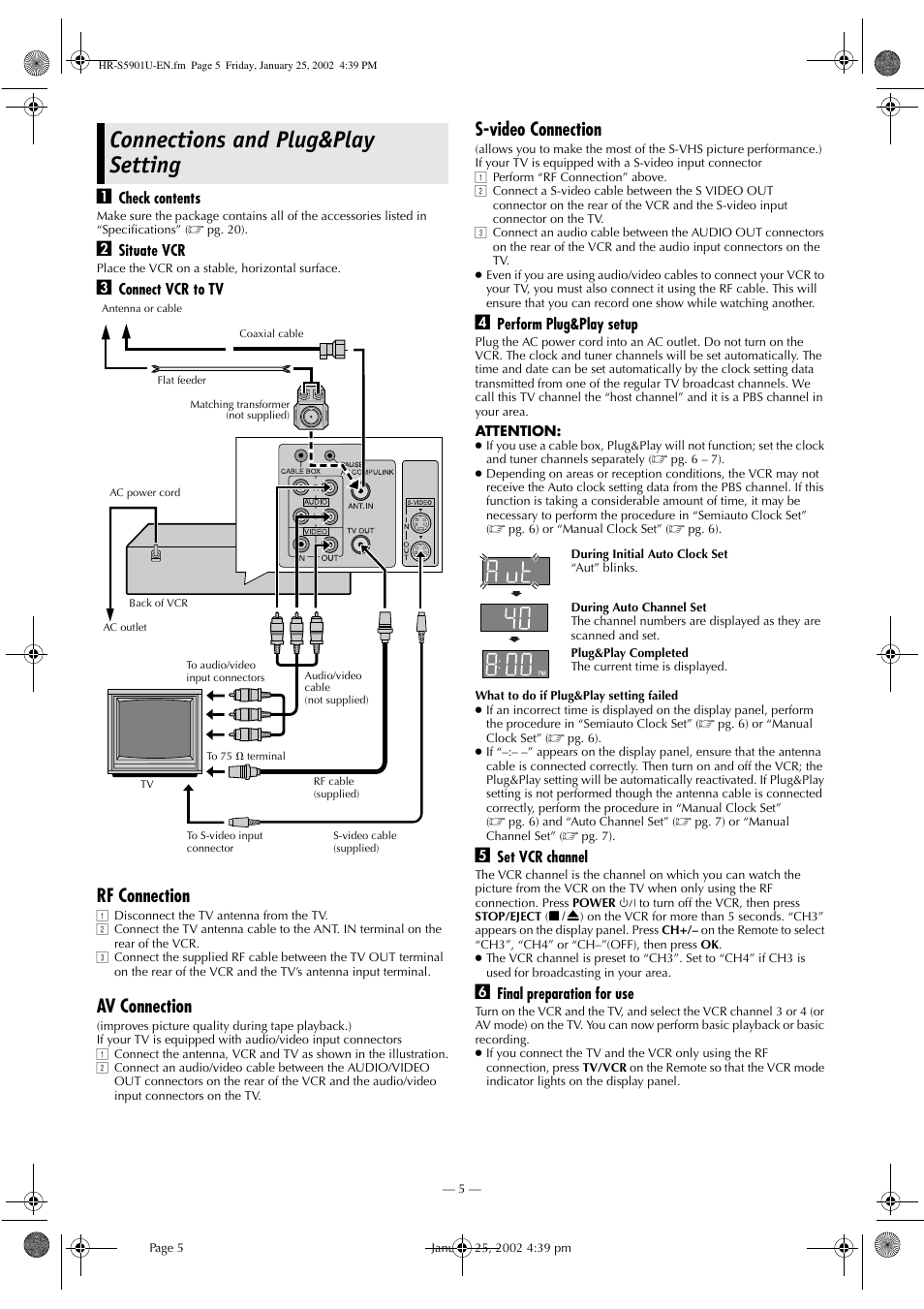 Connections and plug&play setting, Rf connection, Av connection | S-video connection | JVC HR-5911U User Manual | Page 5 / 24