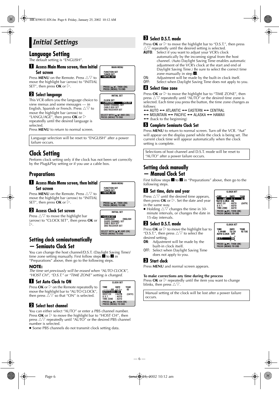 Initial settings, Language setting, Clock setting | Preparations a, Setting clock manually — manual clock set | JVC HR-5911U User Manual | Page 6 / 24