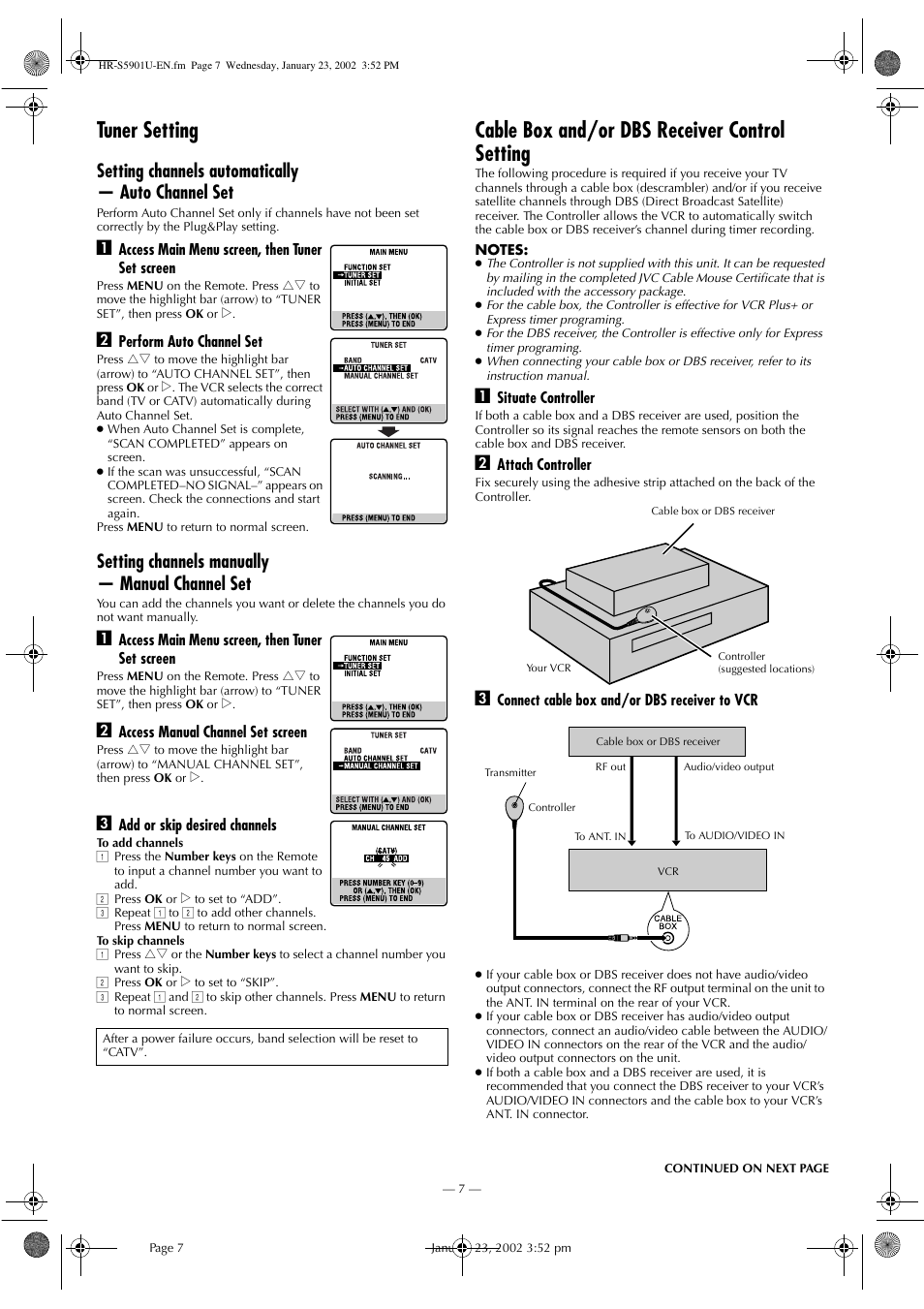 Tuner setting, Cable box and/or dbs receiver control setting, Setting channels automatically — auto channel set | Setting channels manually — manual channel set | JVC HR-5911U User Manual | Page 7 / 24