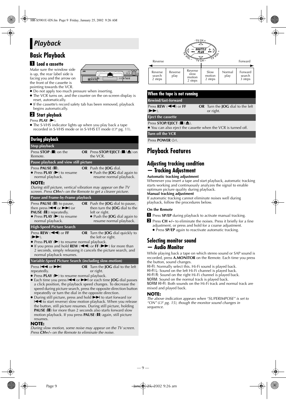 Playback, Basic playback, Playback features | Adjusting tracking condition — tracking adjustment, Selecting monitor sound — audio monitor | JVC HR-5911U User Manual | Page 9 / 24