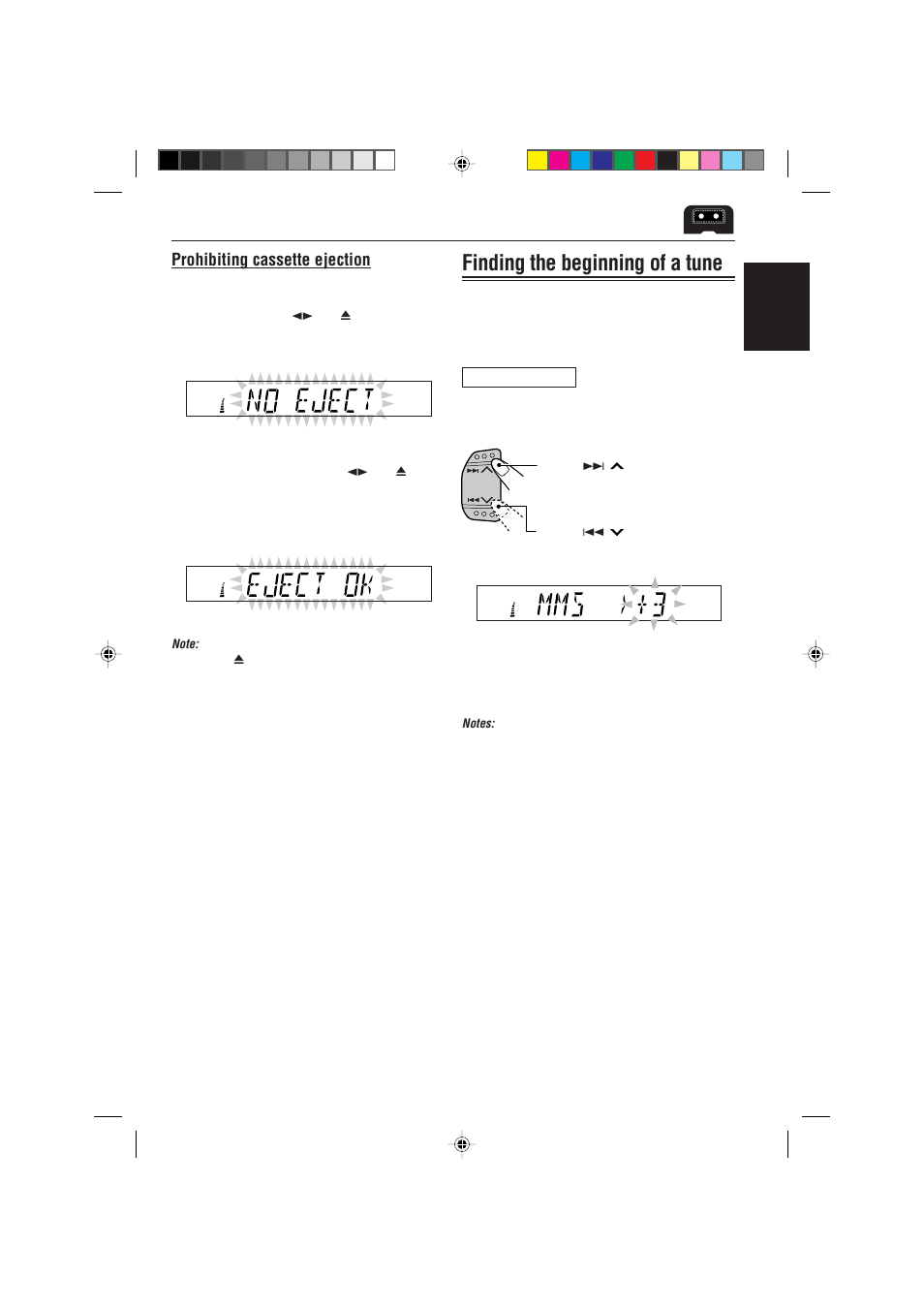 Finding the beginning of a tune, Prohibiting cassette ejection, English | JVC KS-FX725R User Manual | Page 17 / 38