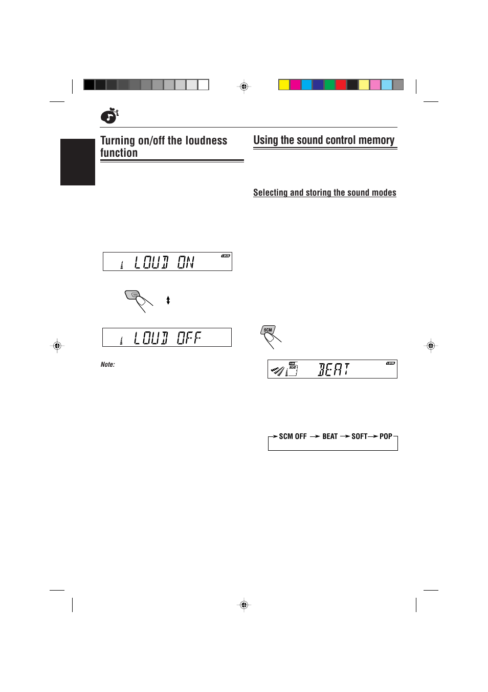 Turning on/off the loudness function, Using the sound control memory, Selecting and storing the sound modes | JVC KS-FX725R User Manual | Page 20 / 38