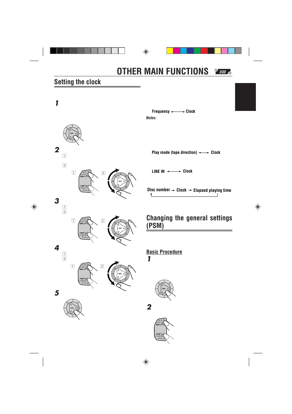 Other main functions, Setting the clock, Changing the general settings (psm) | JVC KS-FX725R User Manual | Page 23 / 38