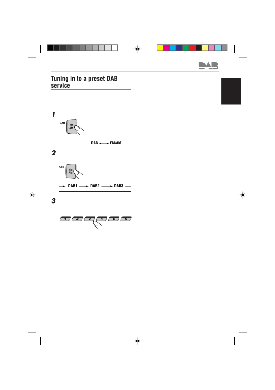 Tuning in to a preset dab service, English | JVC KS-FX725R User Manual | Page 33 / 38