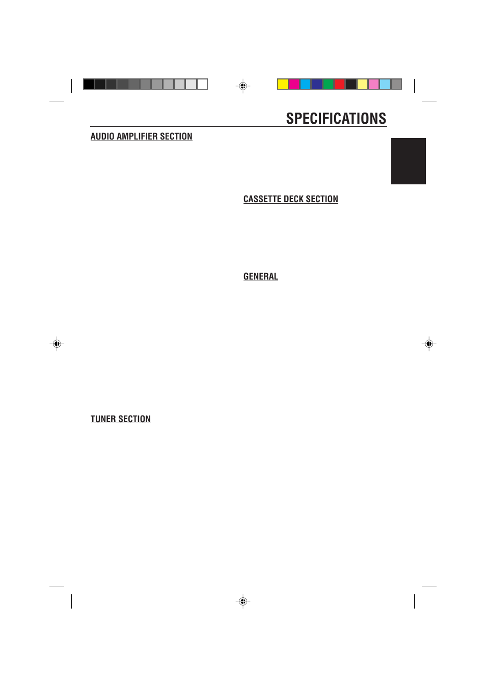 Specifications, General, English | JVC KS-FX725R User Manual | Page 37 / 38