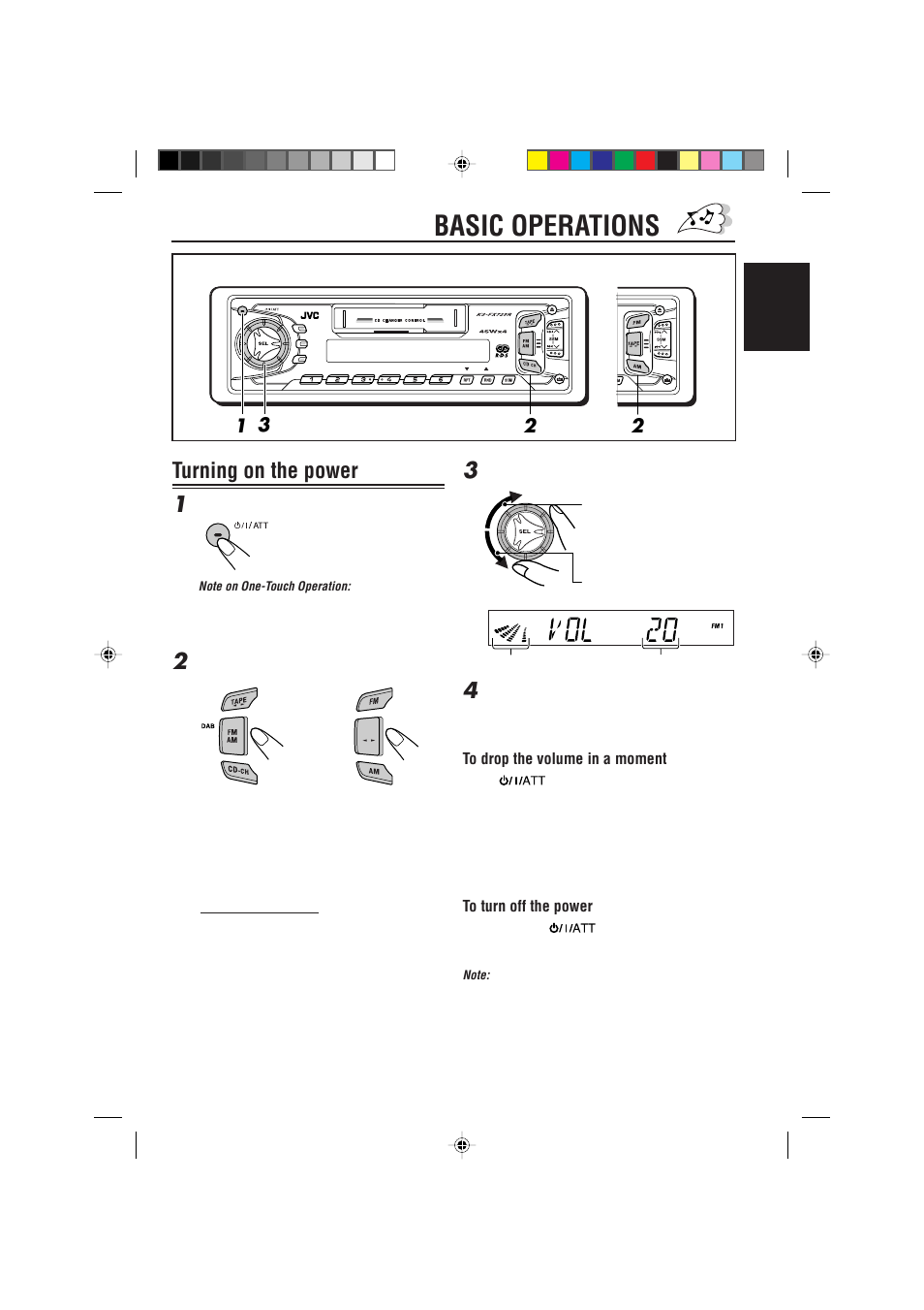 Basic operations, Turning on the power, Turning on the power 1 | English | JVC KS-FX725R User Manual | Page 5 / 38