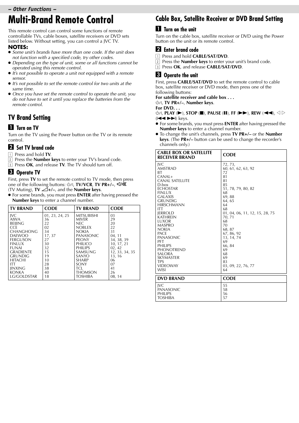 Multi-brand remote control, Tv brand setting a, Turn on tv | Set tv brand code, Operate tv, Turn on the unit, Enter brand code, Operate the unit, Other functions | JVC HR-J381EM User Manual | Page 11 / 16