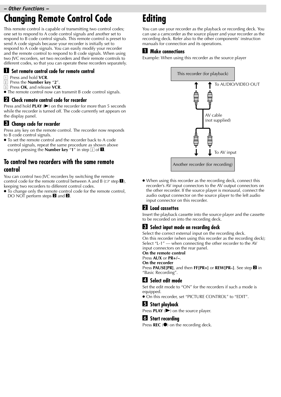 Changing remote control code, Editing | JVC HR-J381EM User Manual | Page 12 / 16