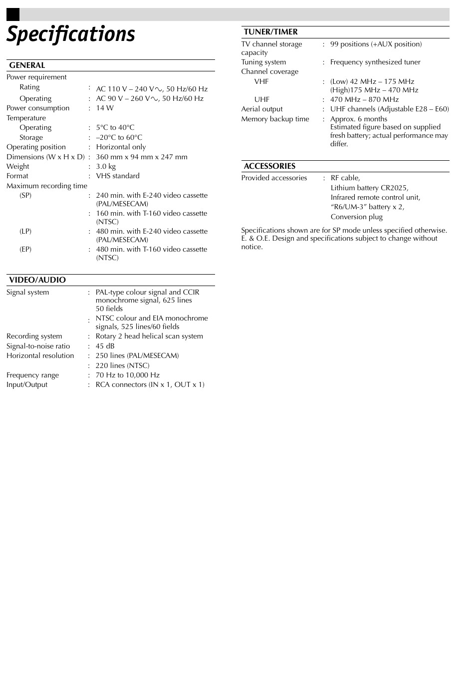 Specifications | JVC HR-J381EM User Manual | Page 16 / 16