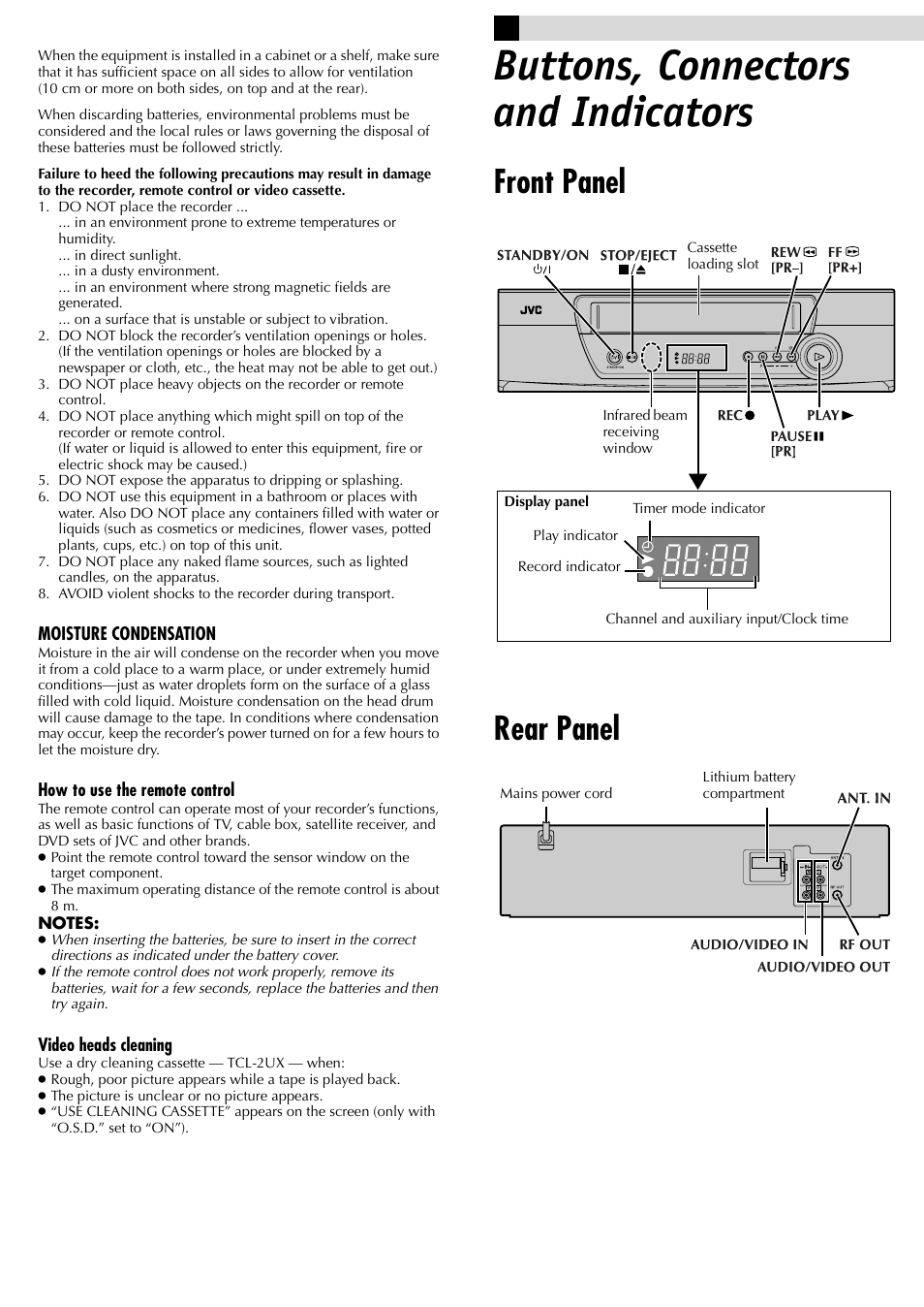 Buttons, connectors and indicators, Front panel rear panel | JVC HR-J381EM User Manual | Page 2 / 16