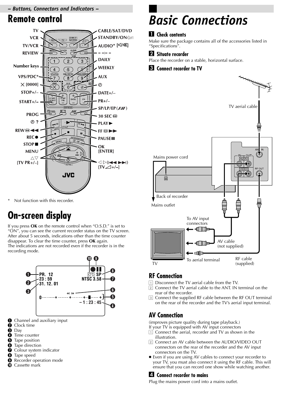 Basic connections, Remote control, On-screen display | Rf connection, Av connection | JVC HR-J381EM User Manual | Page 3 / 16