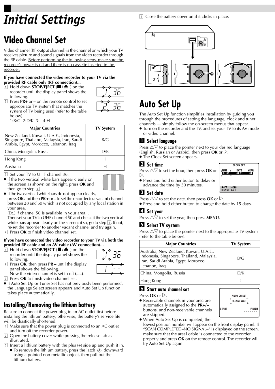 Initial settings, Video channel set, Auto set up | Installing/removing the lithium battery, Select language, Set time, Set date, Set year, Select tv system, Start auto channel set | JVC HR-J381EM User Manual | Page 4 / 16