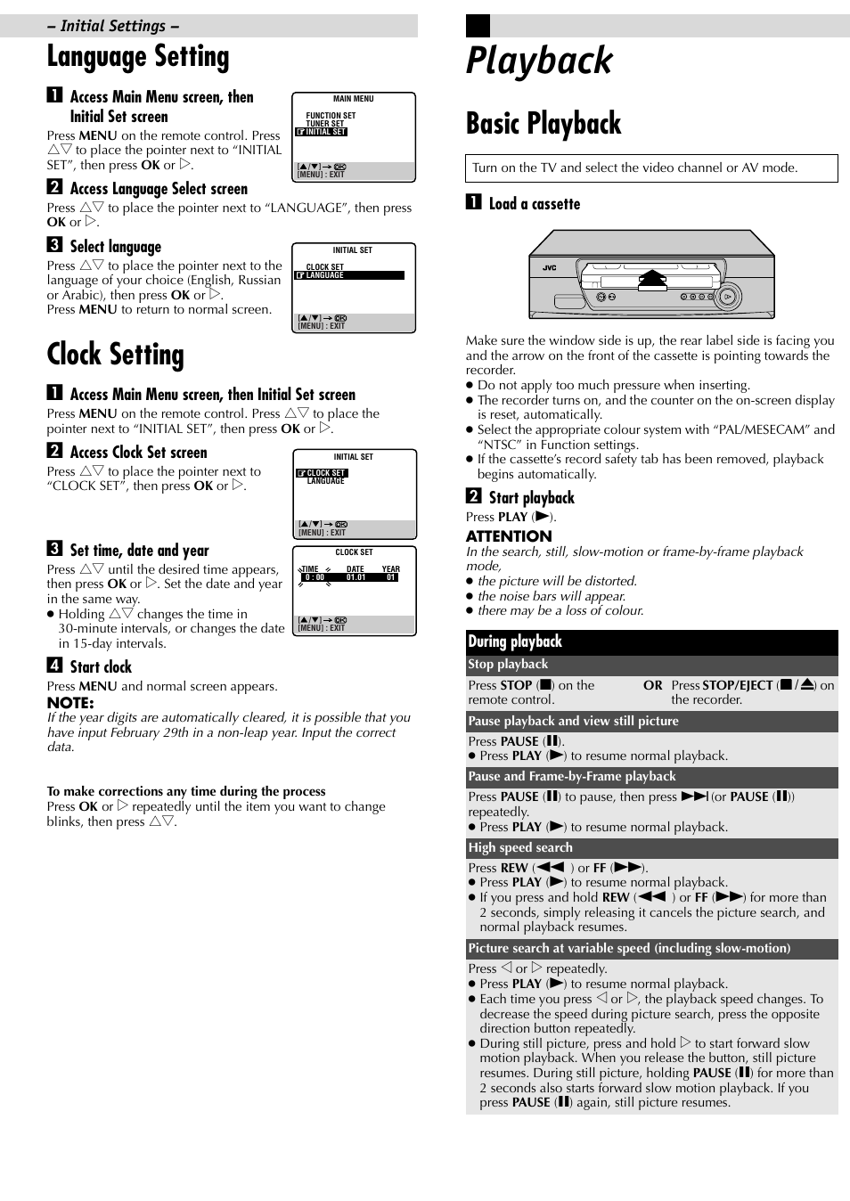 Playback, Language setting, Clock setting | Basic playback | JVC HR-J381EM User Manual | Page 5 / 16