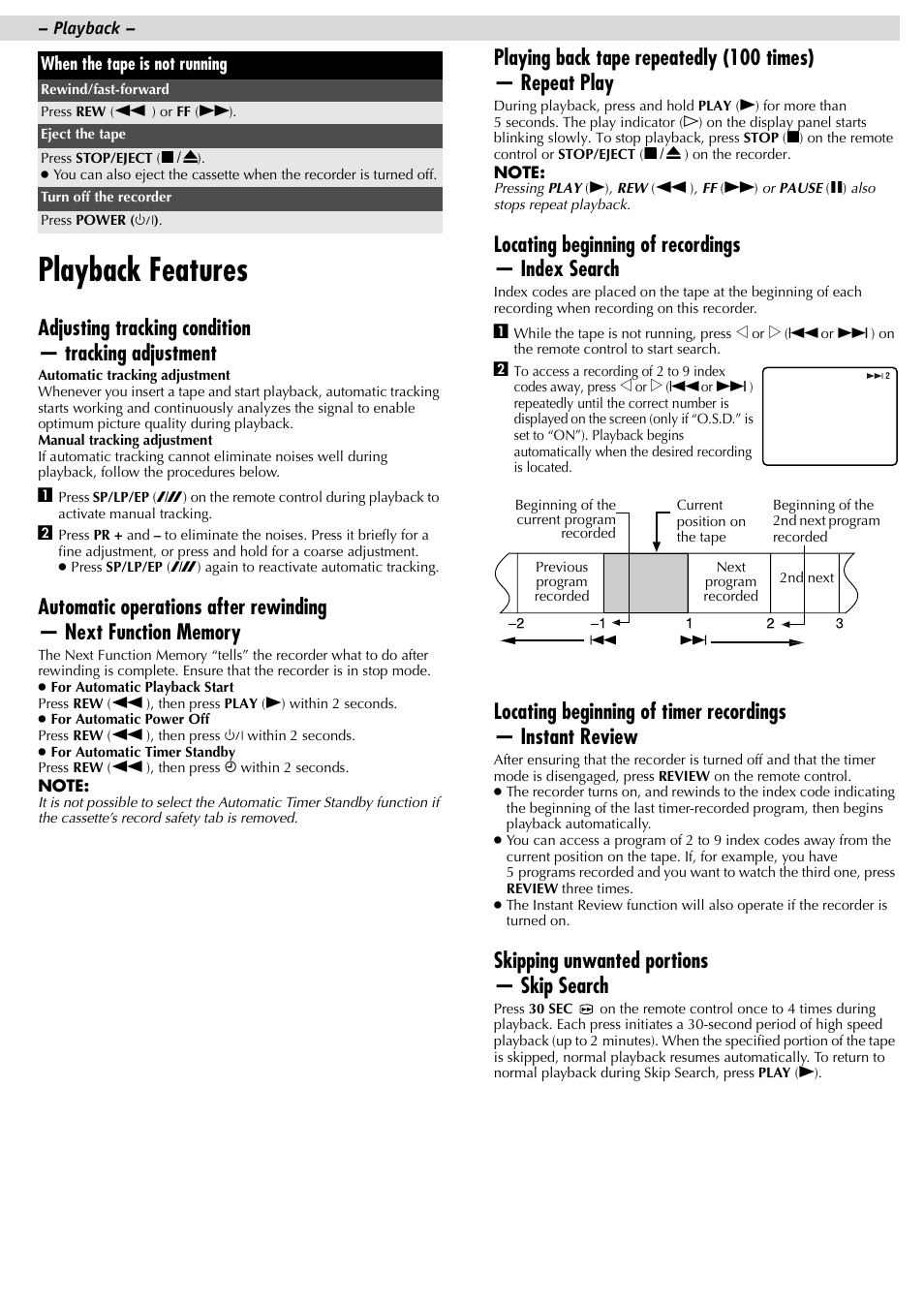 Playback features, Adjusting tracking condition — tracking adjustment, Locating beginning of recordings — index search | Skipping unwanted portions — skip search | JVC HR-J381EM User Manual | Page 6 / 16