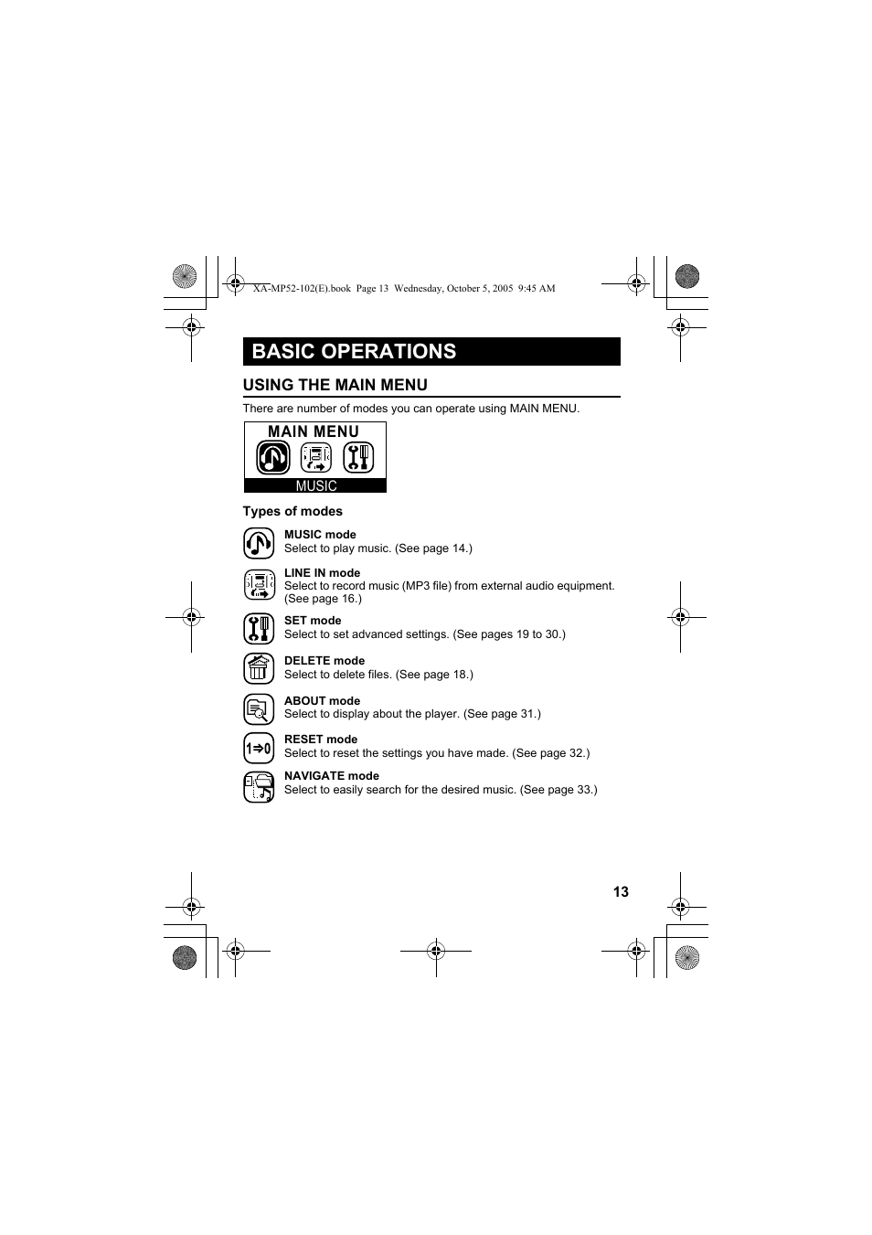 Basic operations, Using the main menu | JVC XA-MP102A User Manual | Page 13 / 40