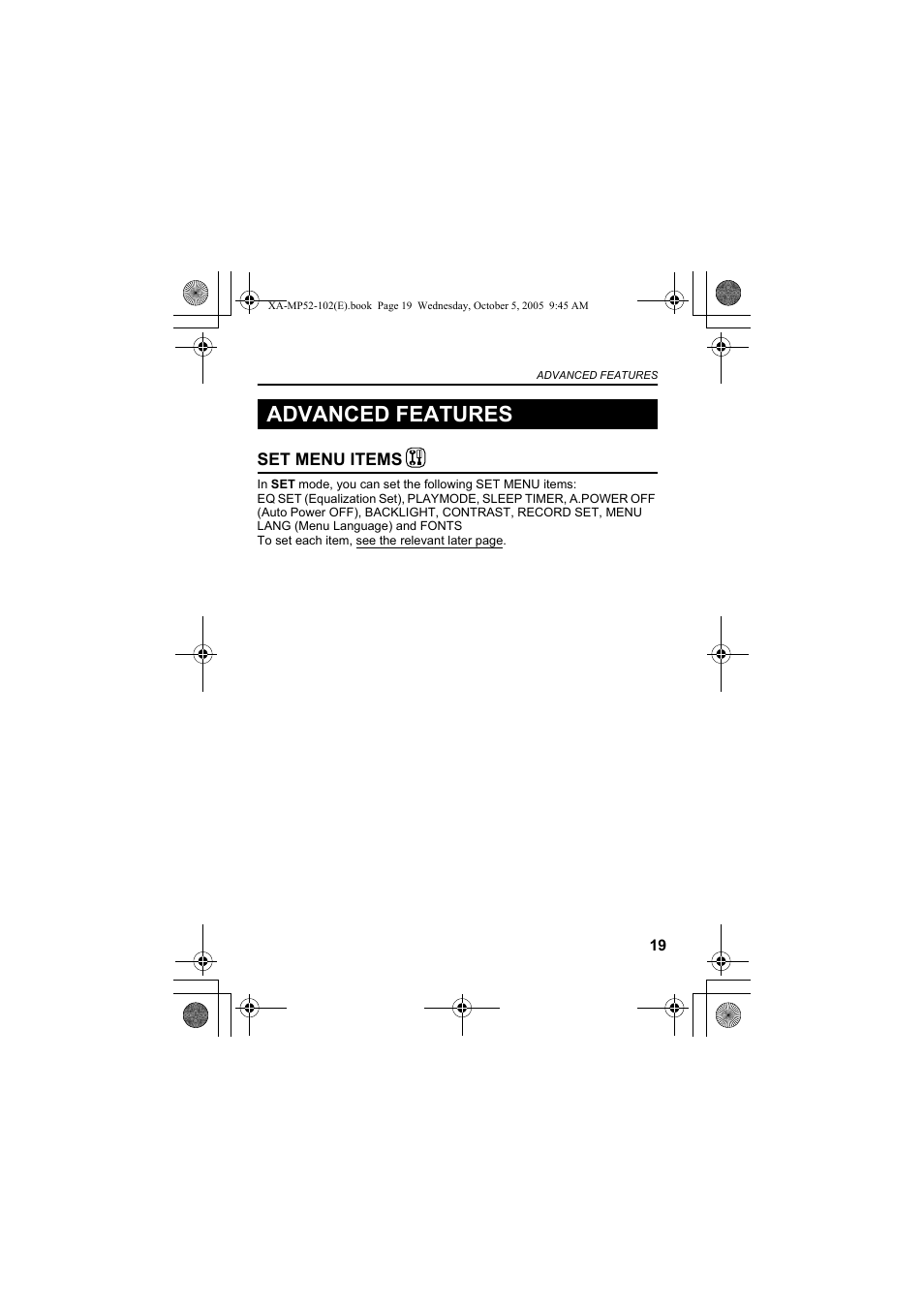 Advanced features, Set menu items | JVC XA-MP102A User Manual | Page 19 / 40