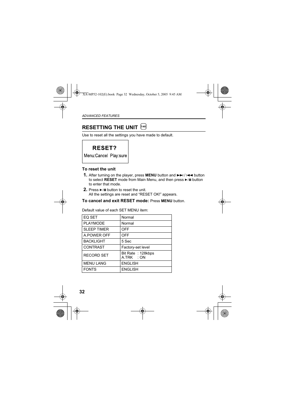 Resetting the unit | JVC XA-MP102A User Manual | Page 32 / 40